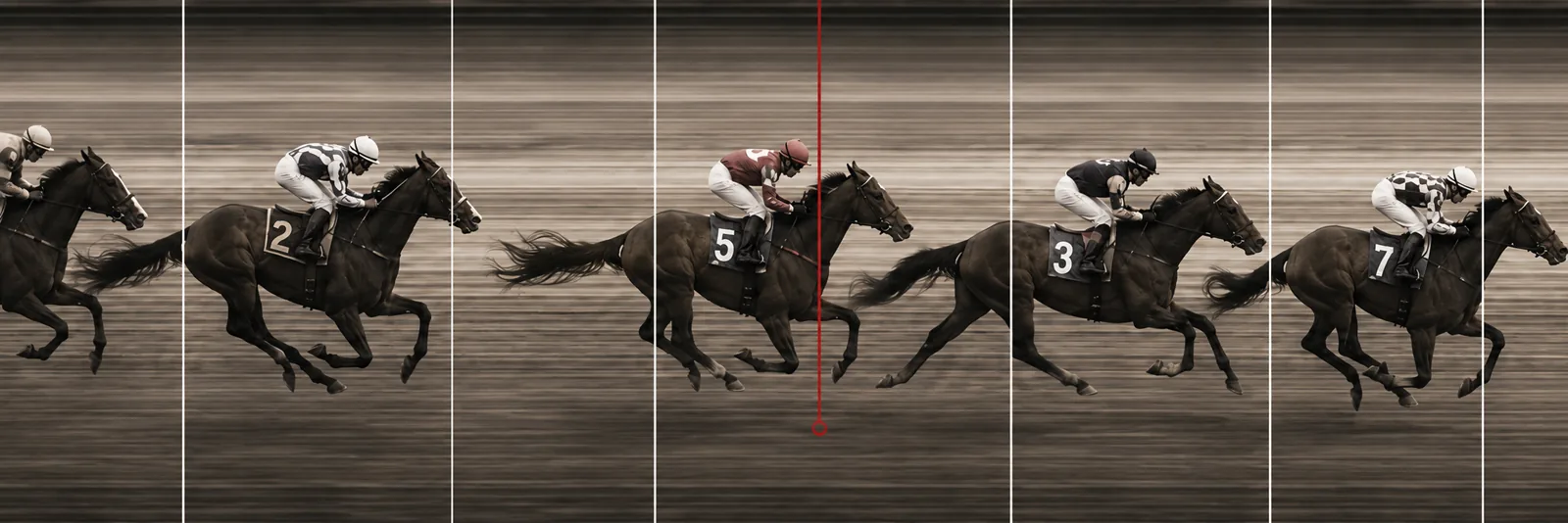 Caballos cruzando la línea de foto finish