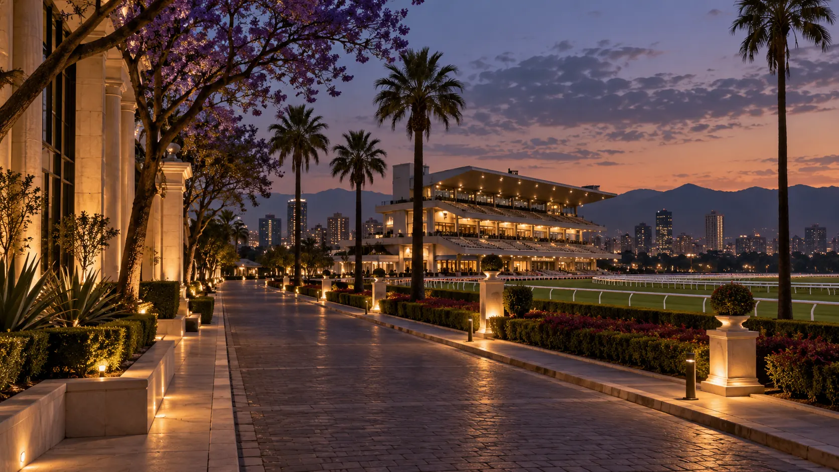 Avenida ilustrada junto a un hipódromo urbano al anochecer