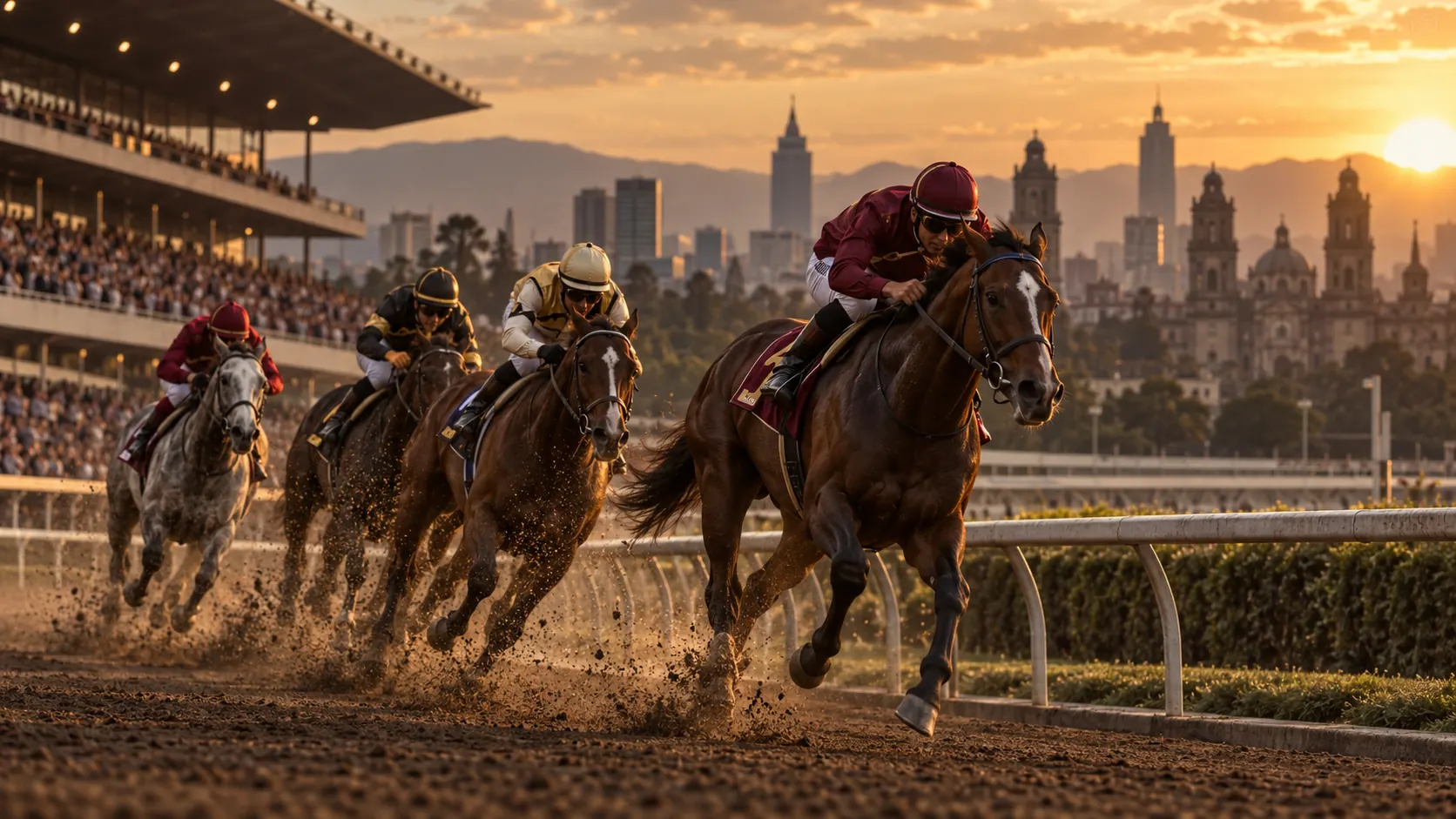 Caballos corriendo en un hipódromo urbano ilustrado al atardecer