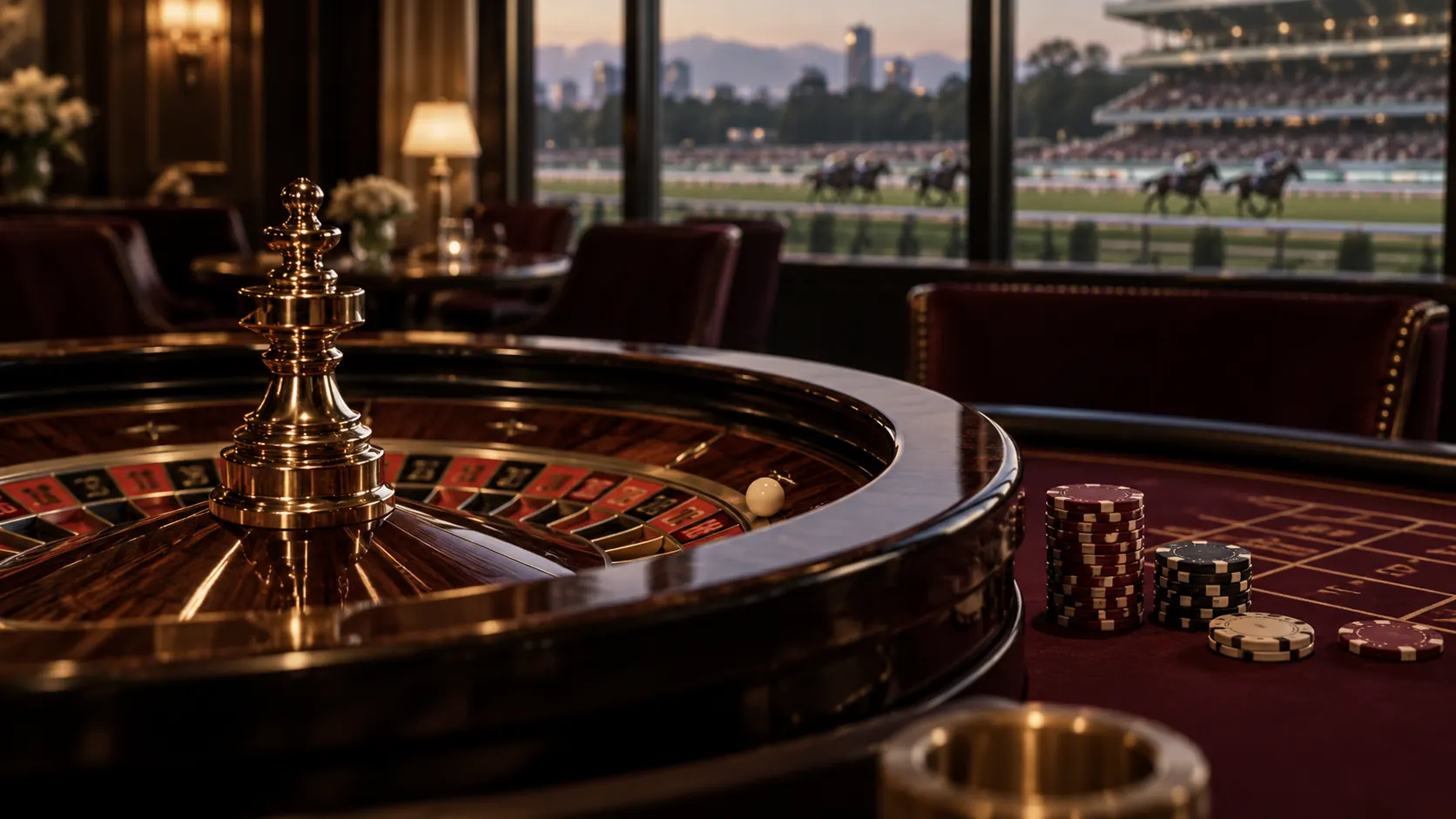 Mesa de ruleta con un hipódromo al fondo